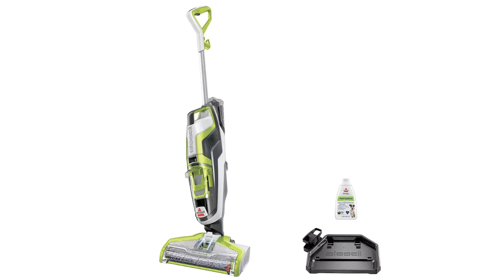 The Bissell CrossWave hard floor washer with its cleaning solution and storage tray