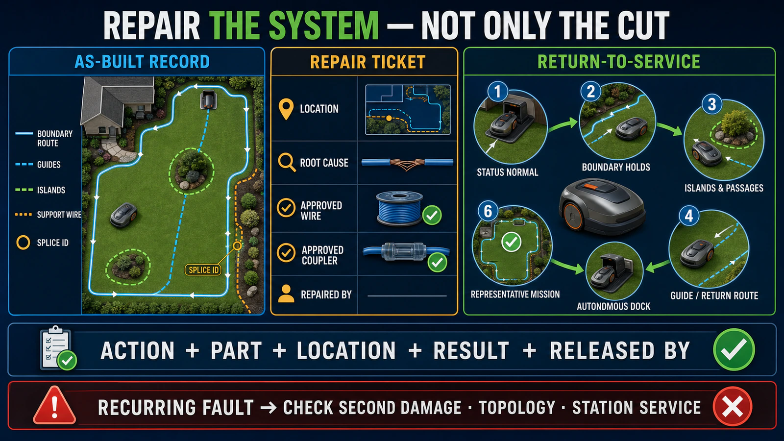 Boundary wire repair record and robot mower return-to-service acceptance workflow for installers and fleet operators