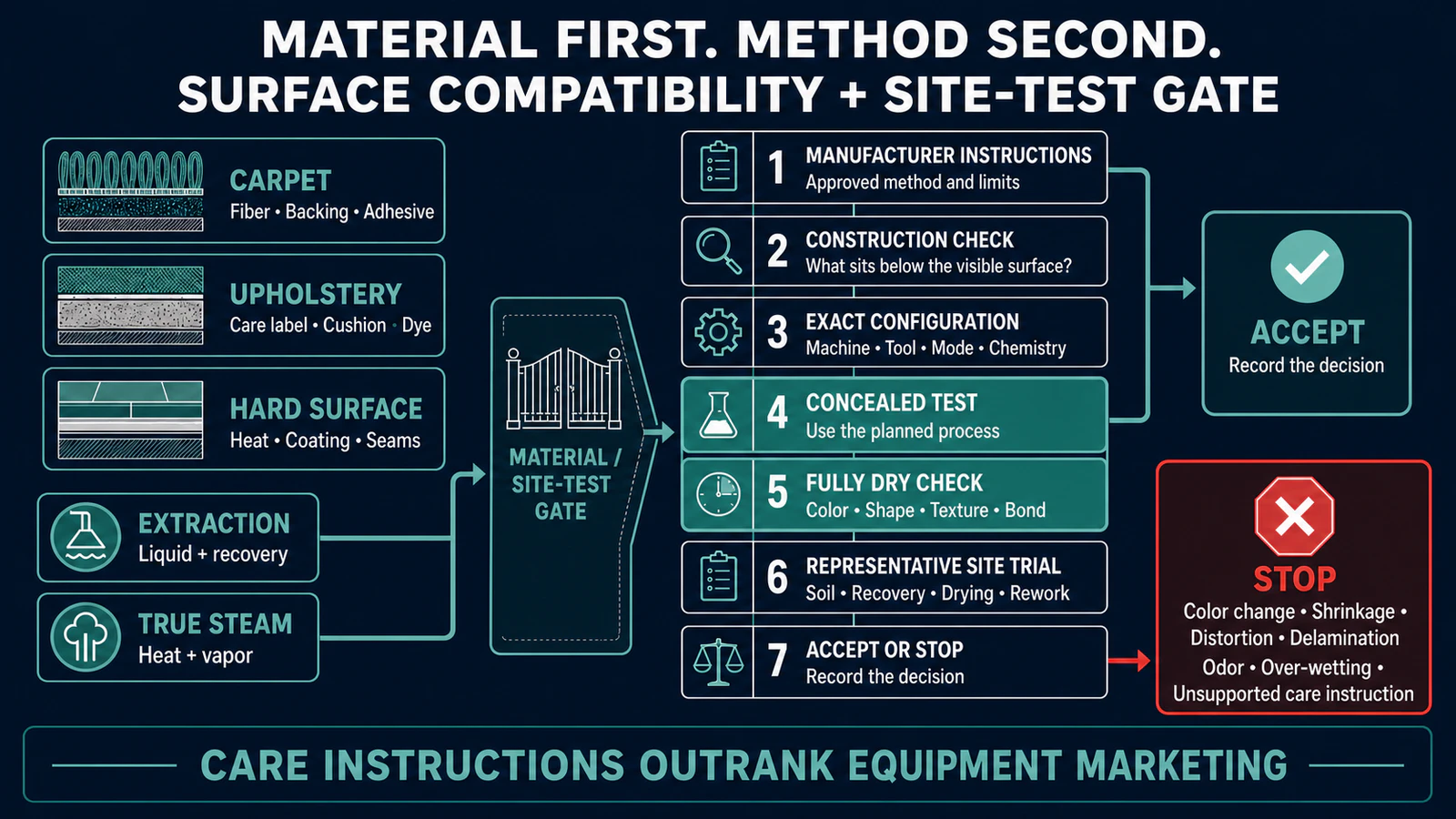 Carpet and upholstery cleaning-method validation gate from manufacturer instructions and construction checks through concealed testing, full drying and site acceptance