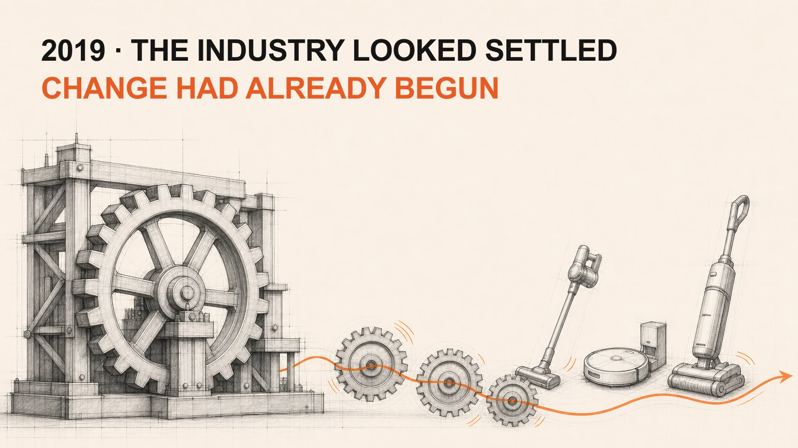 A stationary industrial gear beside new cleaning products that are beginning to move smaller gears