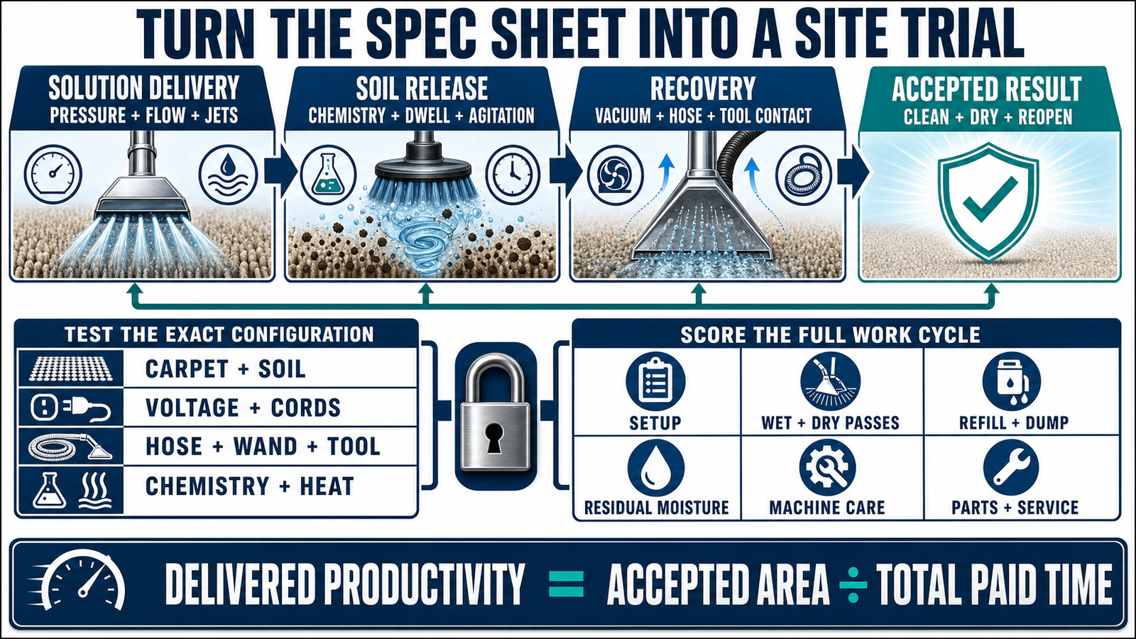 Commercial carpet extractor specification and site-trial scorecard connecting solution delivery, agitation, recovery, drying, labor and service