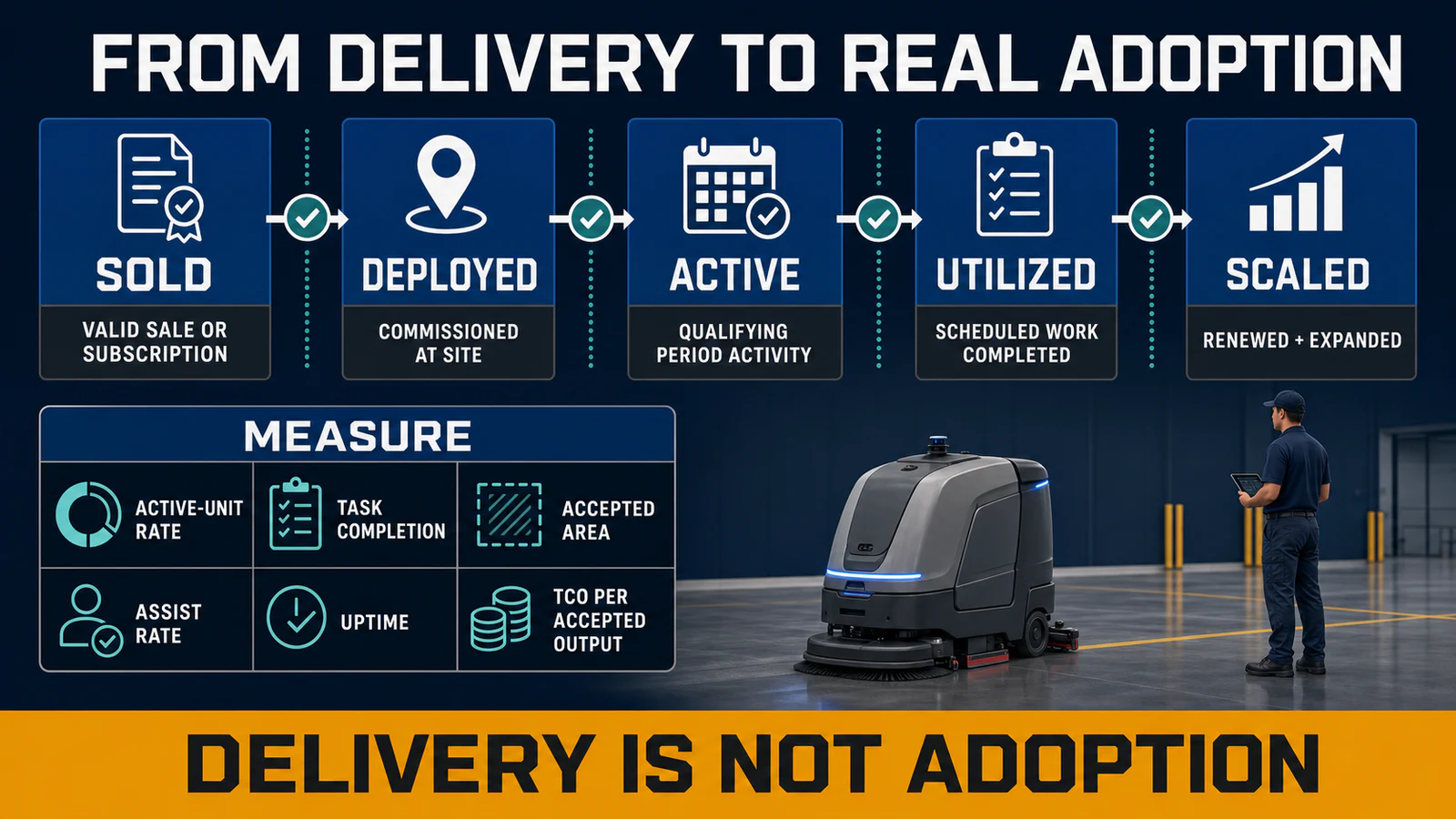 Commercial cleaning robot adoption ladder from sale to scaled operation, connected to utilization and TCO