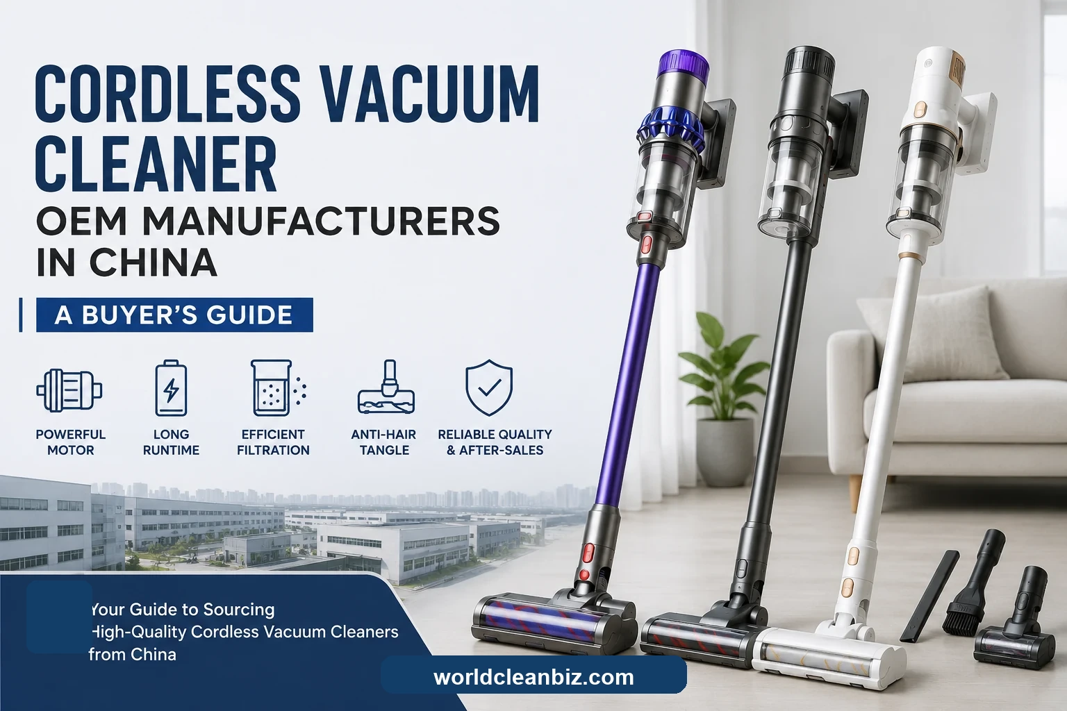 Cover image for a buyer guide to cordless vacuum cleaner OEM manufacturers in China.