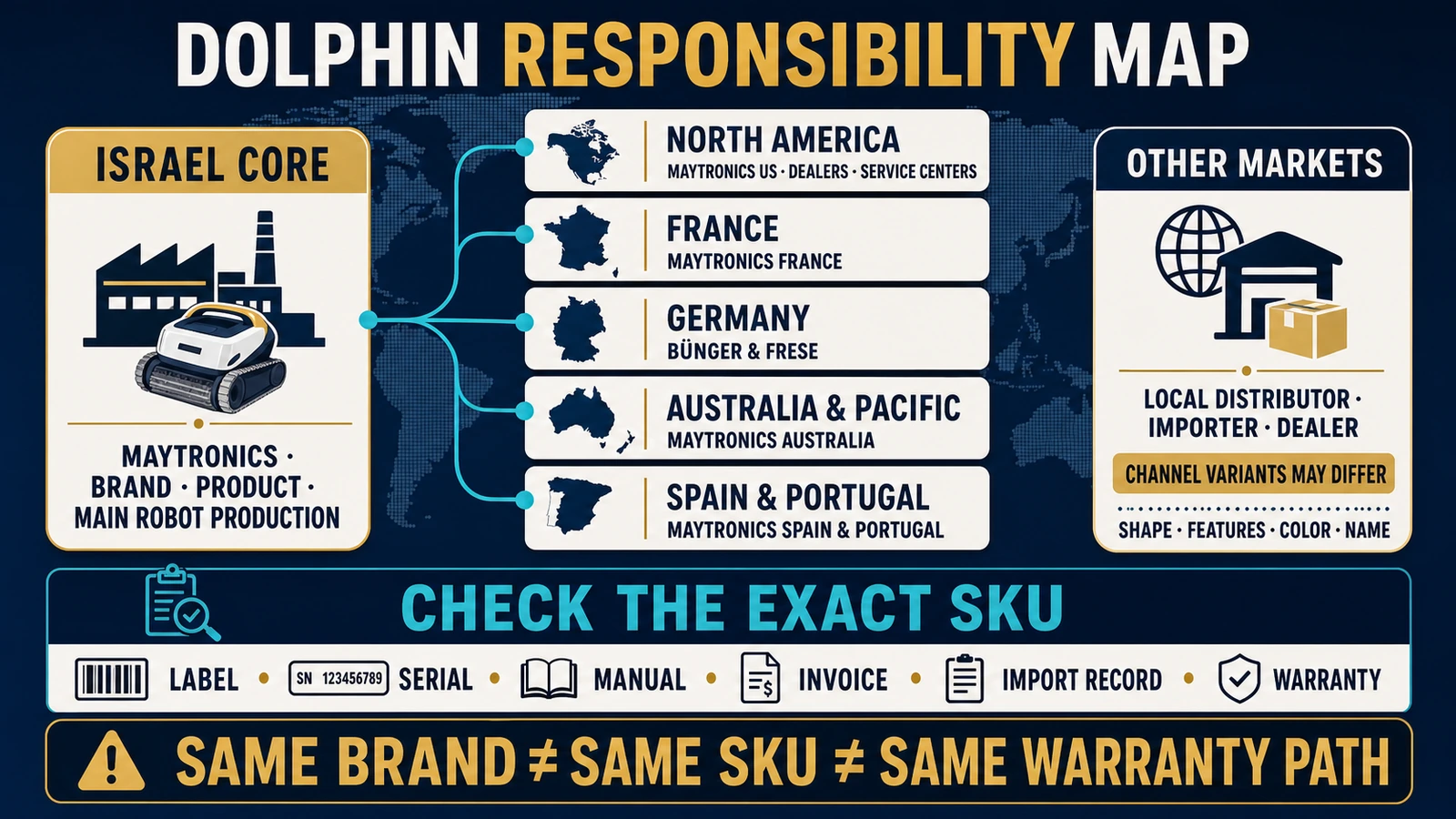 Dolphin pool-cleaner responsibility map from Maytronics in Israel through regional subsidiaries, dealers and exact-SKU warranty documents