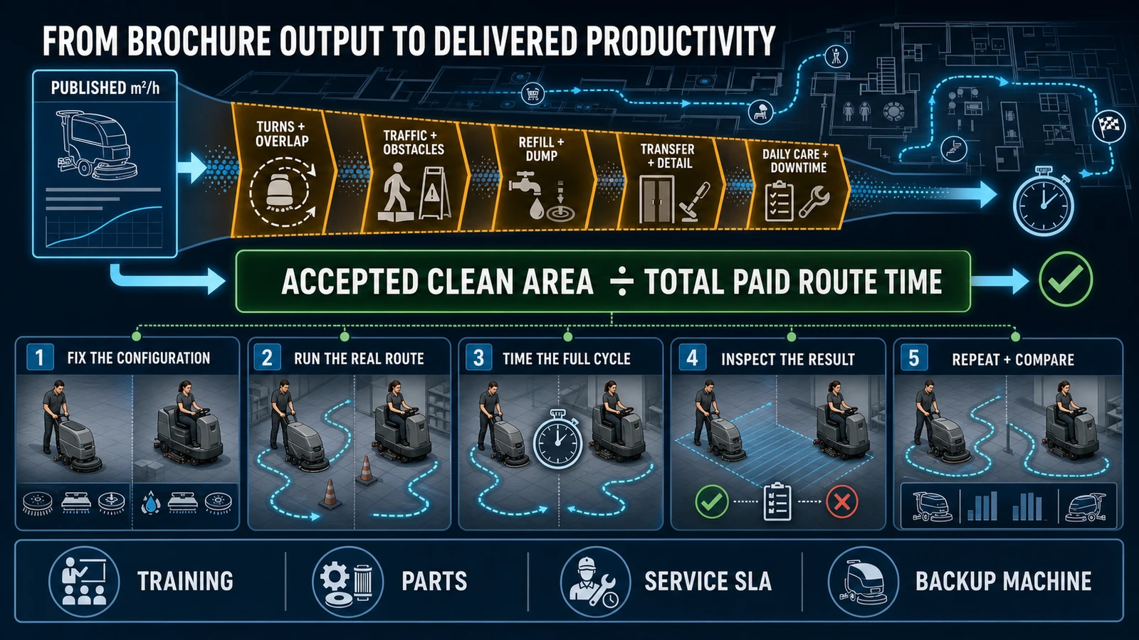 Floor scrubber delivered-productivity and procurement workflow converting brochure output into route time, accepted clean area, service checks and an on-site decision