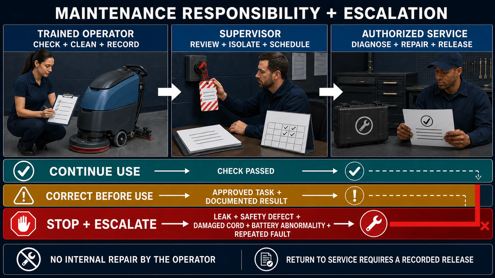 Floor scrubber maintenance responsibility and escalation matrix from operator to supervisor and authorized service