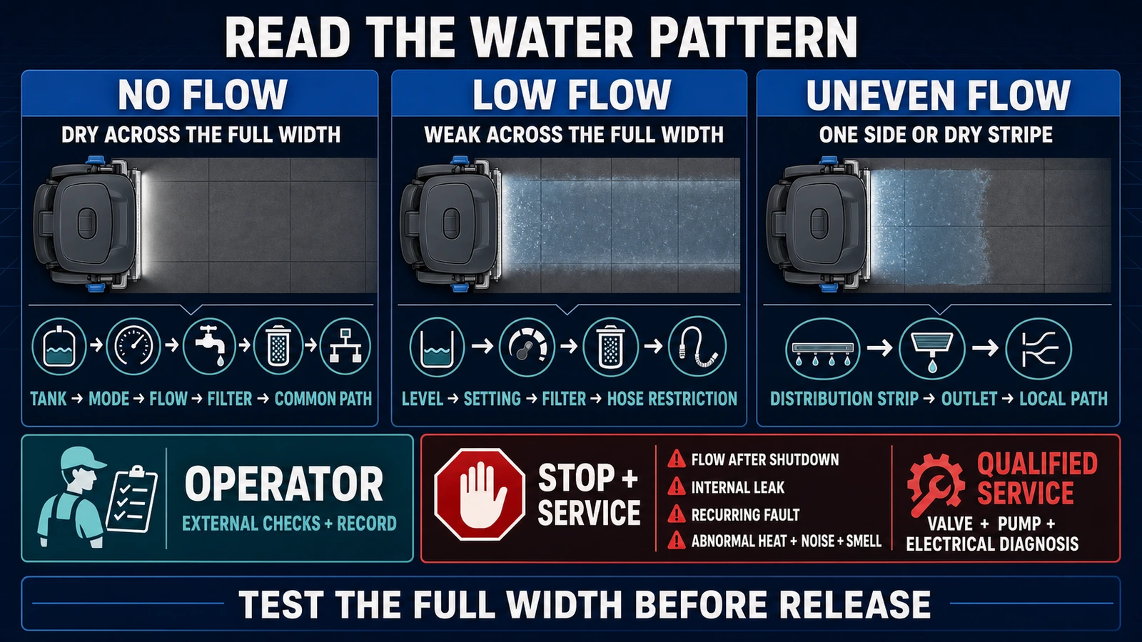 Floor scrubber no-flow, low-flow and uneven-flow troubleshooting matrix with operator checks and service escalation