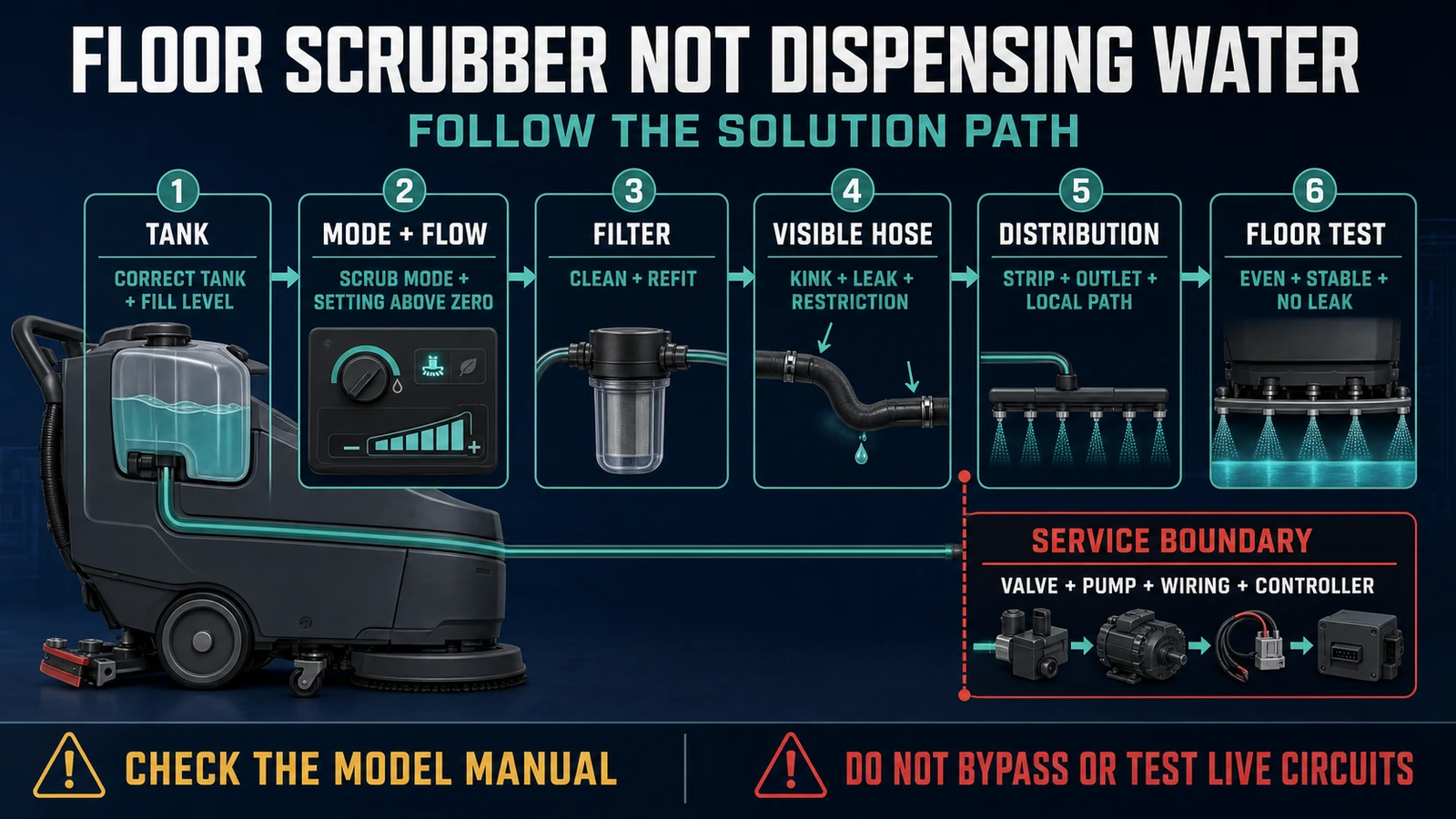 Floor Scrubber Not Dispensing Water? Tank, Filter, Valve, Hose and Pump Checks