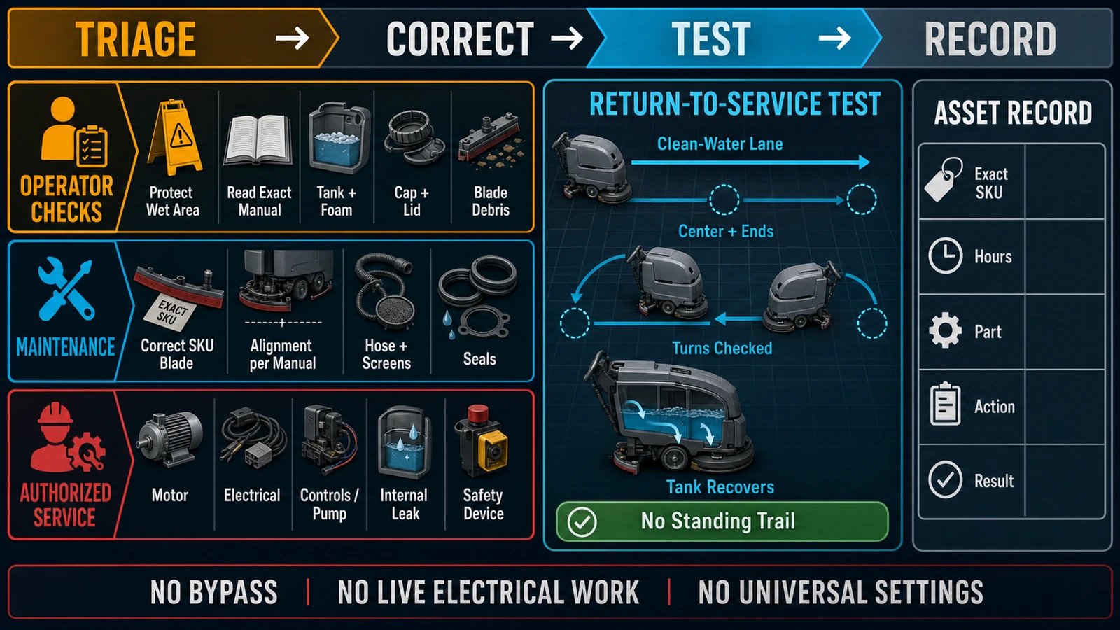 Commercial floor scrubber troubleshooting workflow separating operator checks, maintenance work, authorized service and return-to-service testing