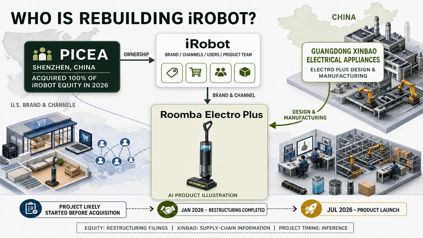 Picea ownership, iRobot brand and channels, Xinbao design and manufacturing, and the Electro Plus product timeline