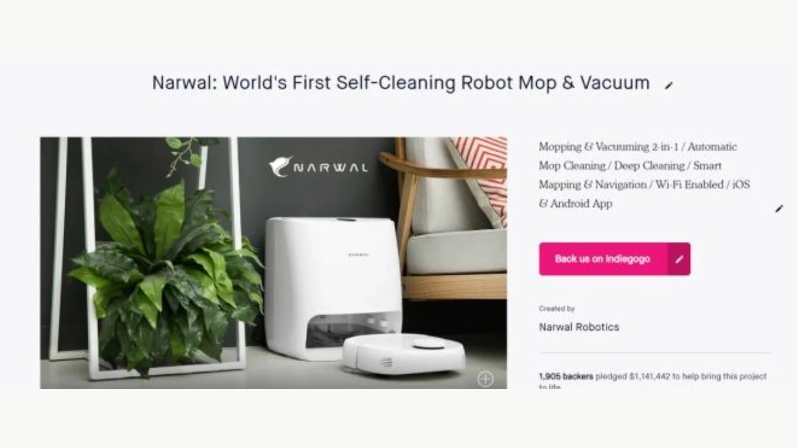 Narwal’s 2019 crowdfunding page for its self-cleaning robot mop and vacuum