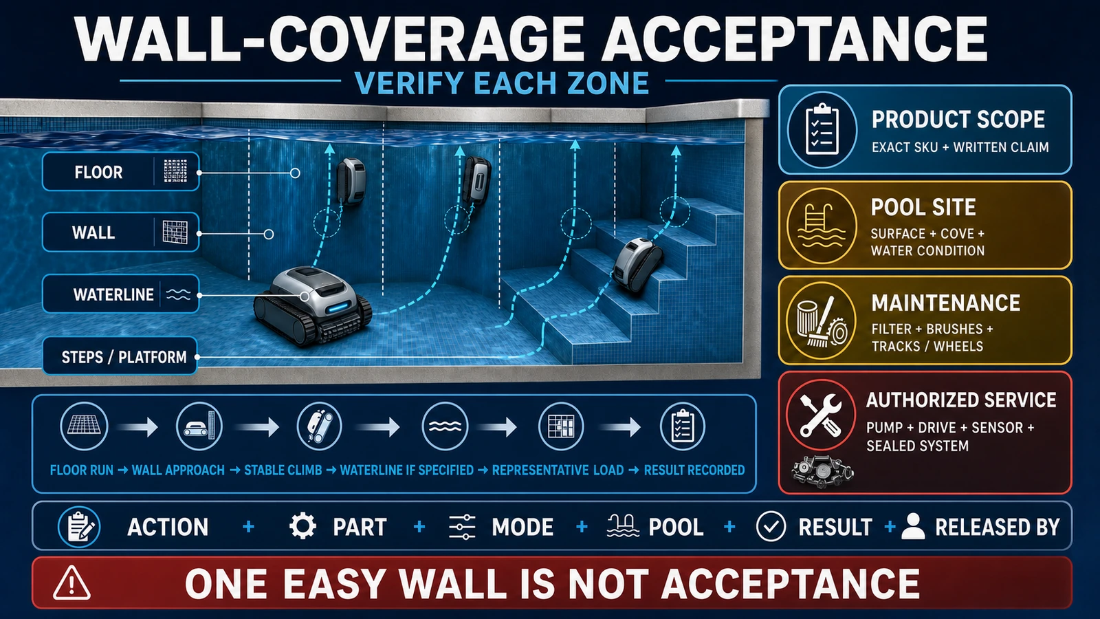 Robotic pool cleaner wall and waterline acceptance test separating operator, pool-site, maintenance and authorized-service responsibility