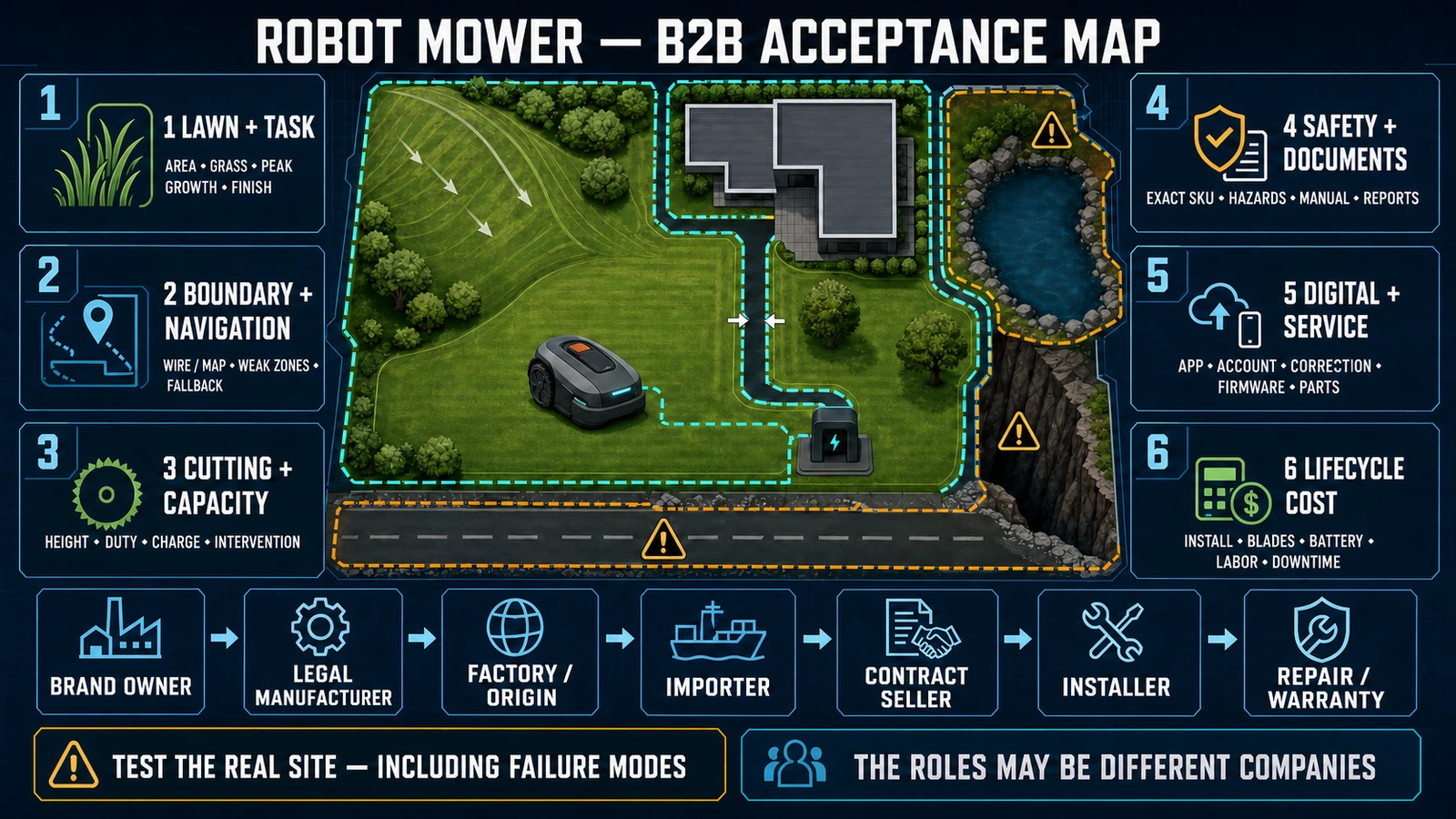 Robot lawn mower B2B acceptance map for site fit, safety, digital services and responsibility