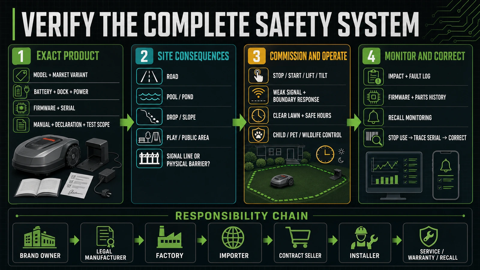Robot lawn mower B2B safety verification from product identity to site commissioning, operation and recall