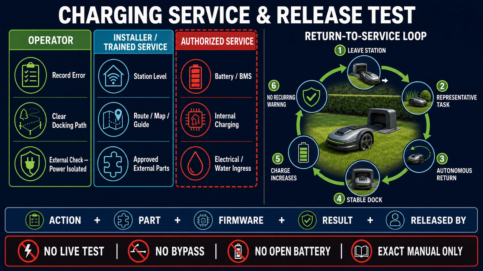 Robot mower charging service triage separating operator checks, installer work, authorized service and return-to-service acceptance
