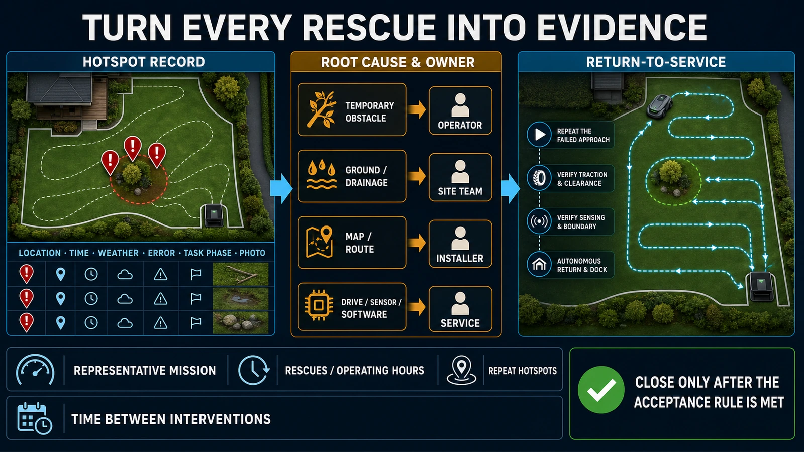 Robot mower rescue hotspot record and return-to-service workflow for installers and fleet operators
