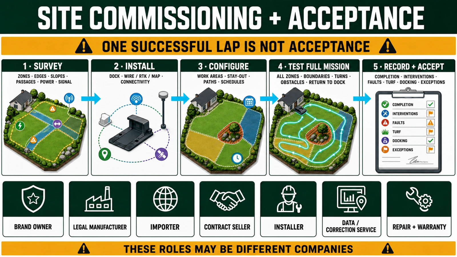 Robot lawn mower site commissioning workflow from survey and installation to full-mission testing, records and responsibility