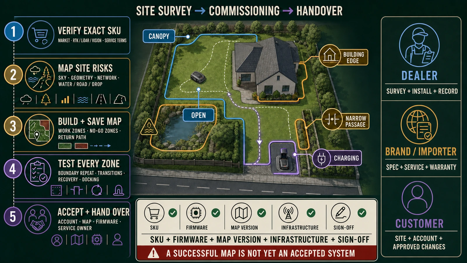 Robot mower dealer site survey and commissioning workflow covering SKU verification, signal mapping, zone testing, acceptance and digital handover