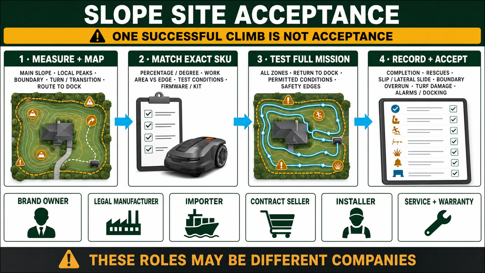 B2B robot mower slope site acceptance covering measurement, specification, terrain, boundaries, commissioning and responsibility