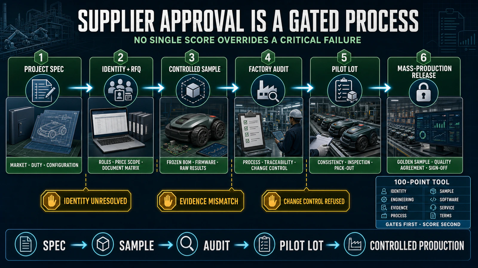 Commercial robot mower supplier approval workflow from specification and sample to pilot lot and mass production