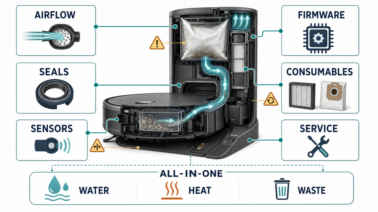 Robot vacuum dock supply-chain map showing dust transfer, filtration, software, consumables and service risks.