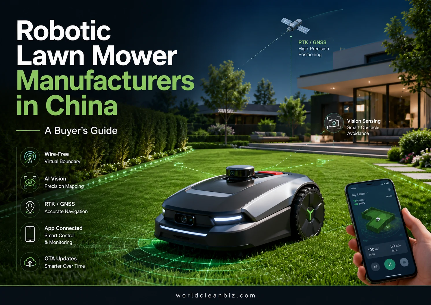 Cover image for a buyer guide to robotic lawn mower manufacturers in China.