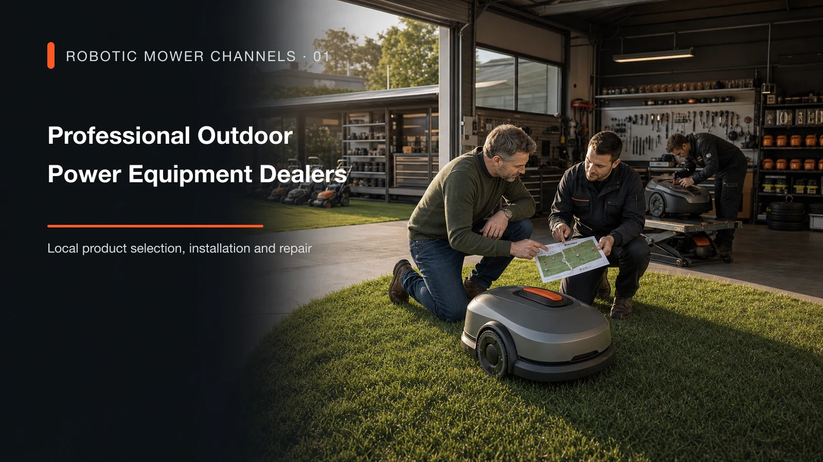 A local outdoor power equipment dealer advising a homeowner on robotic mower selection and installation