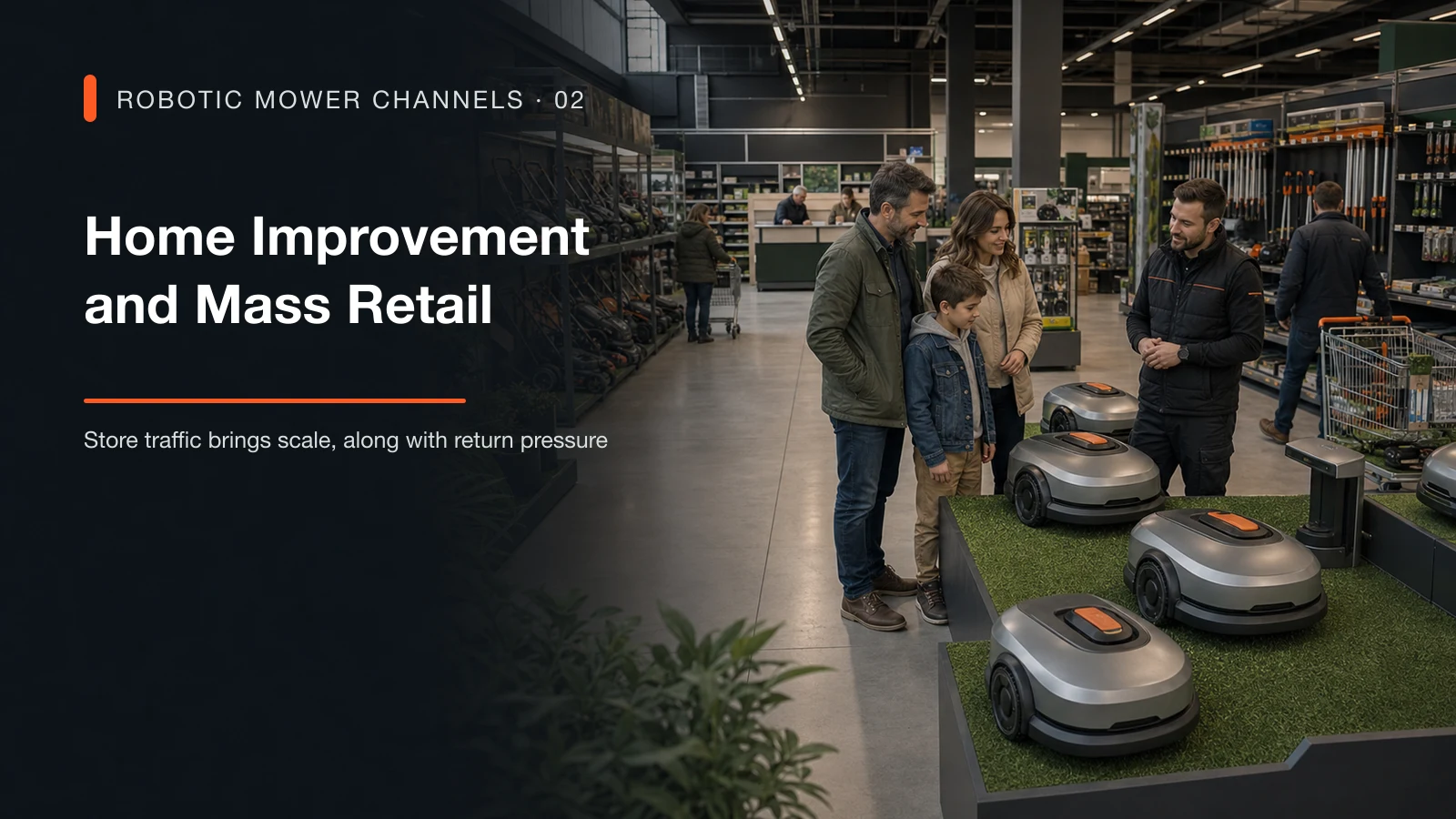 Robotic mowers displayed in the garden equipment department of a large home-improvement retailer