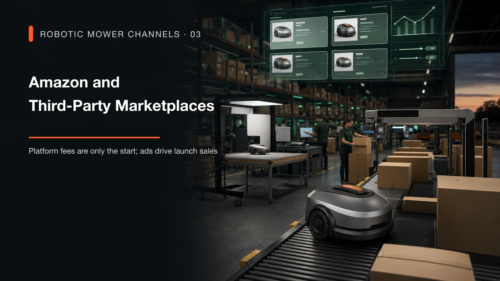 A robotic mower moving from online product exposure into warehouse packing and delivery