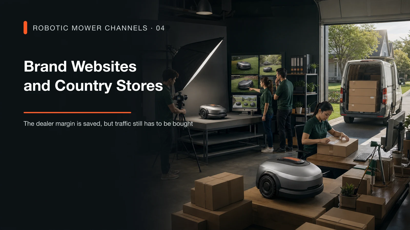 A robotic mower brand team creating content, managing online orders and preparing direct delivery