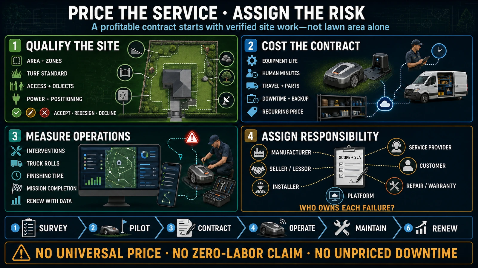 Robotic mowing service workflow from site qualification and pricing to operations, maintenance, renewal and responsibility