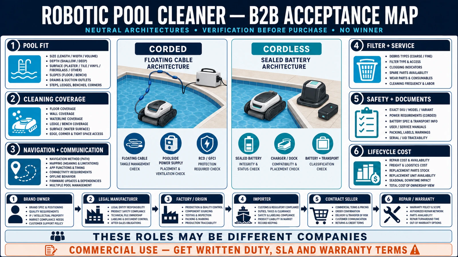 B2B acceptance and responsibility checks for robotic pool cleaners