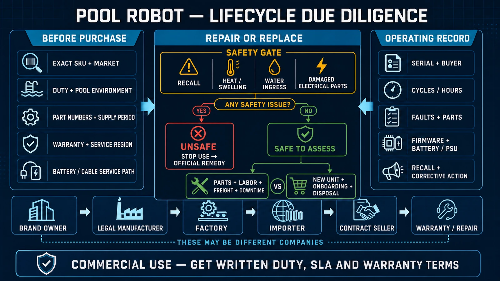 B2B lifecycle, repairability and responsibility checks for robotic pool cleaners