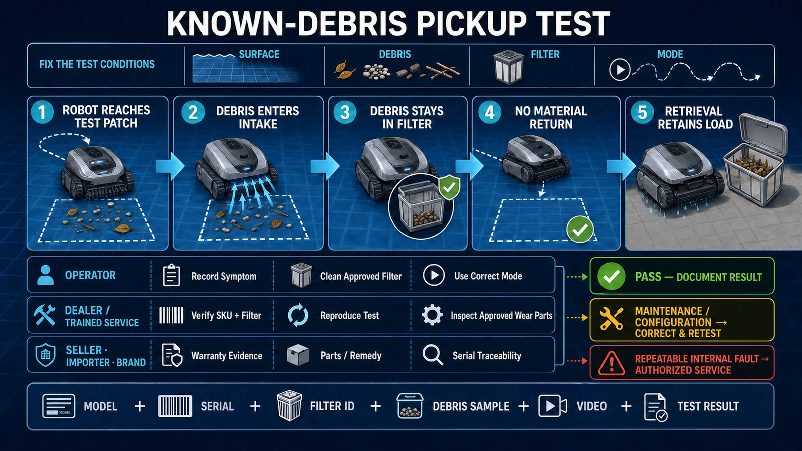 Robotic pool cleaner pickup acceptance workflow covering known test debris, coverage, collection, retention, retrieval and service escalation