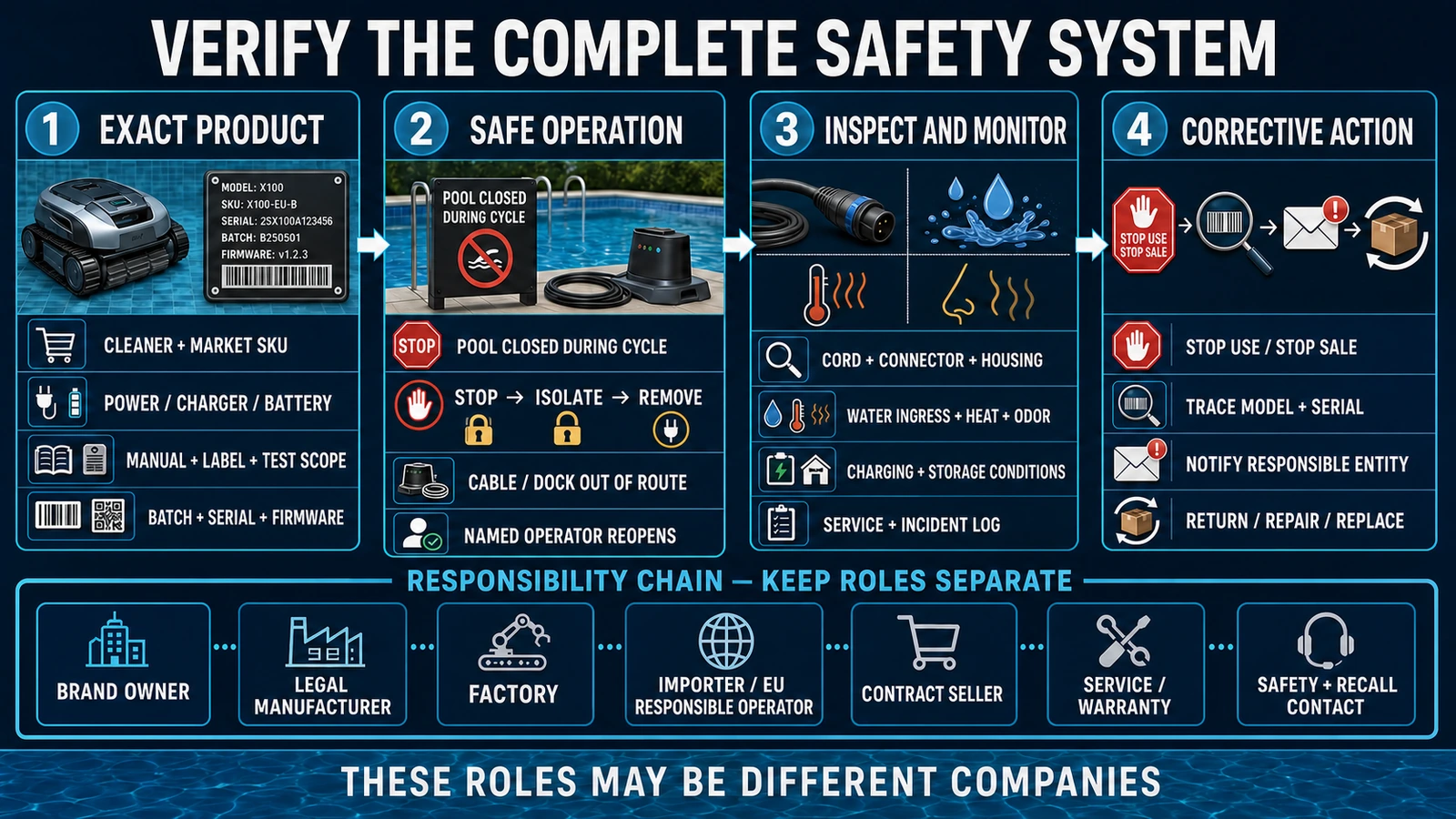 B2B robotic pool cleaner safety verification covering exact product, corded and cordless systems, operations, market entities and recall response