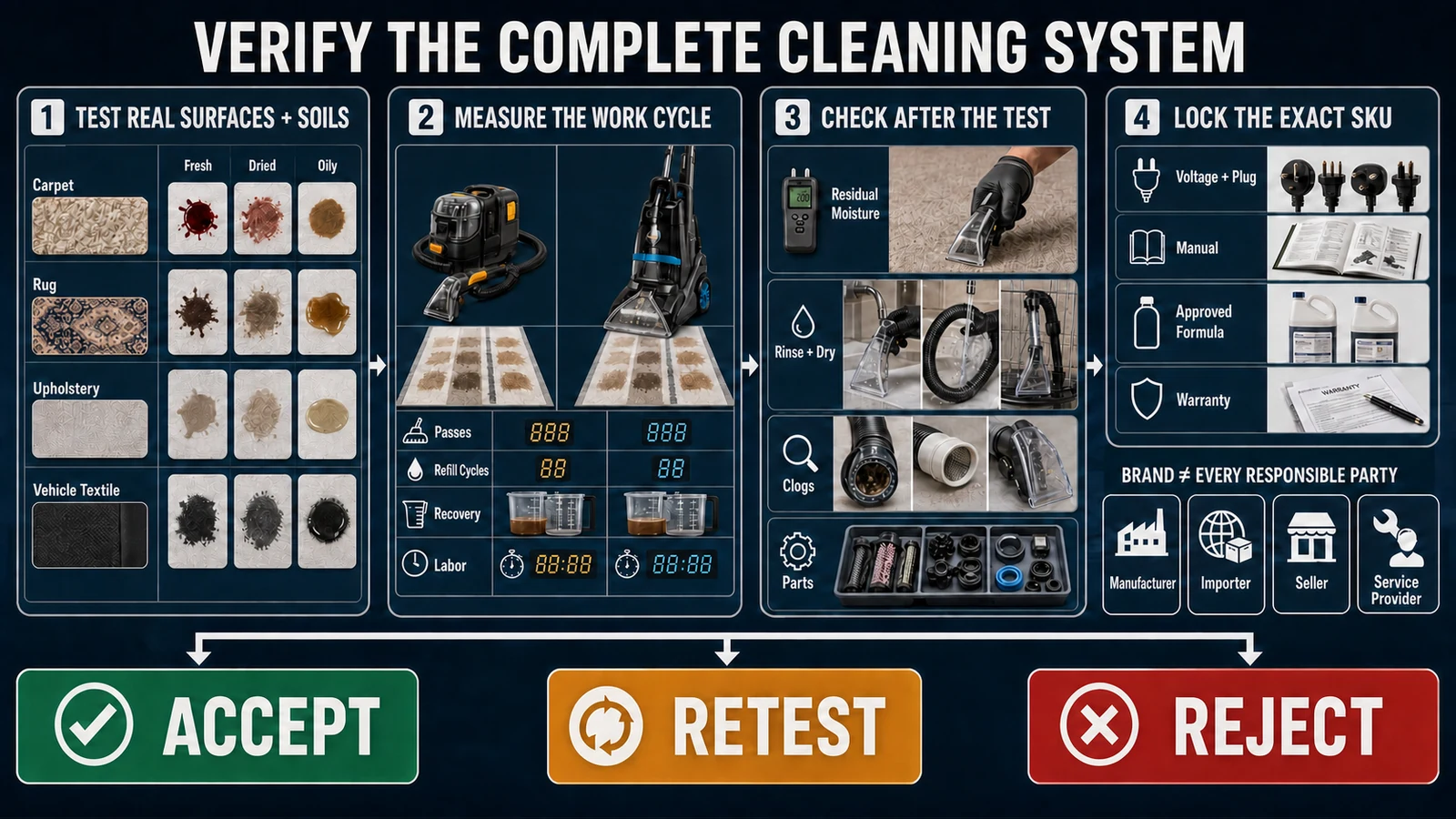 B2B validation workflow for portable spot cleaners and full-size carpet cleaners covering samples, recovery, maintenance, exact SKU and responsible parties