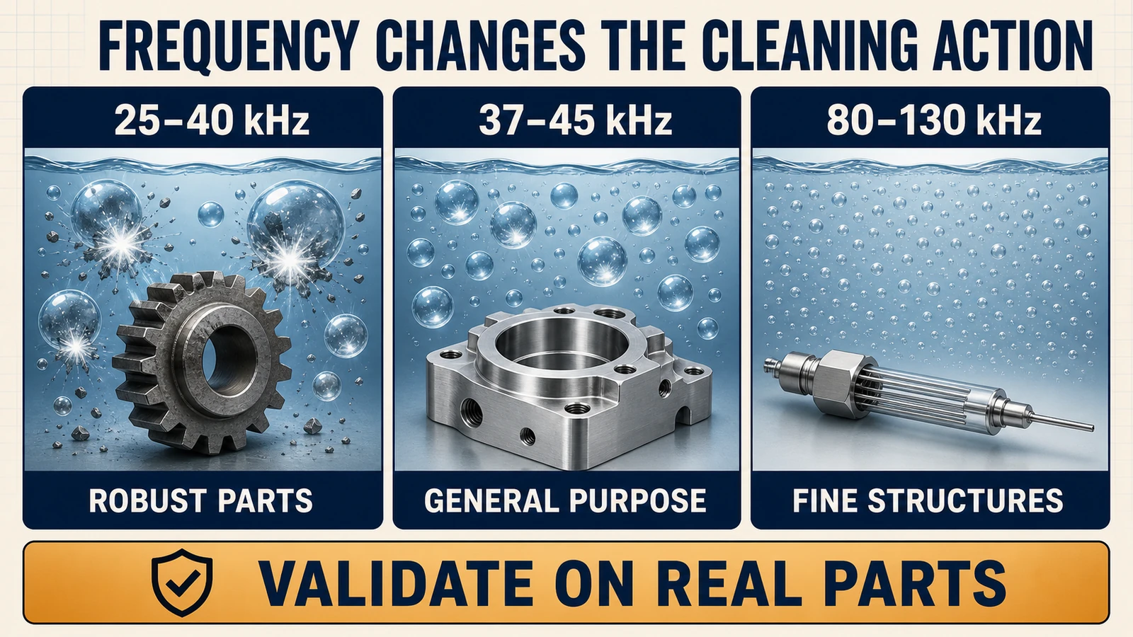 Ultrasonic cleaning frequency ranges compared by cavitation action, typical parts and validation need