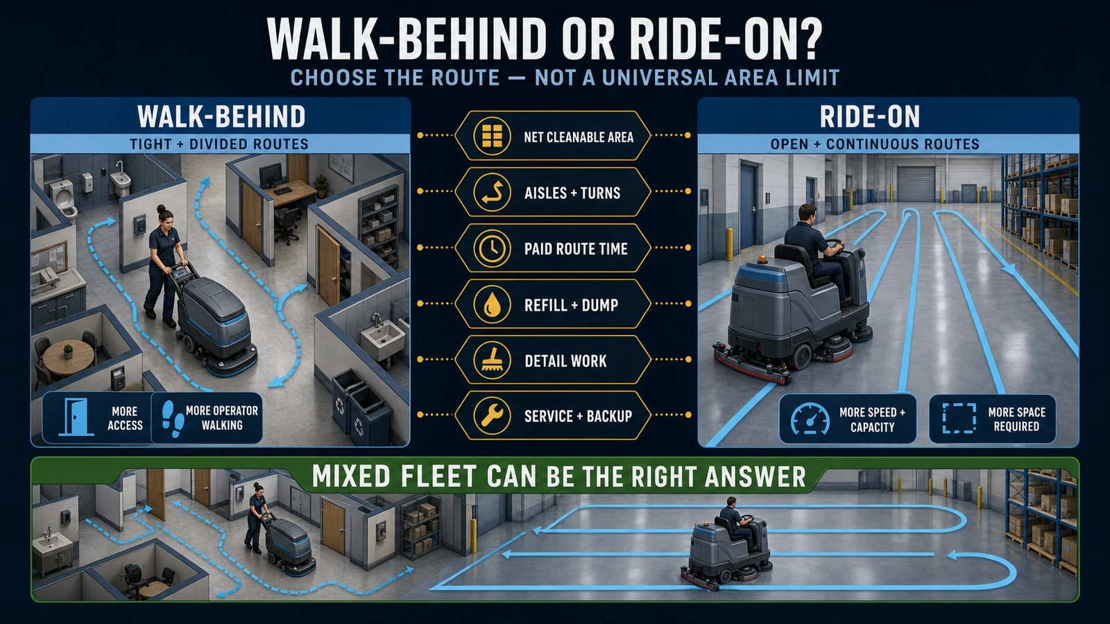 Walk-Behind vs Ride-On Floor Scrubbers: Productivity, Labor and Buying Criteria cover