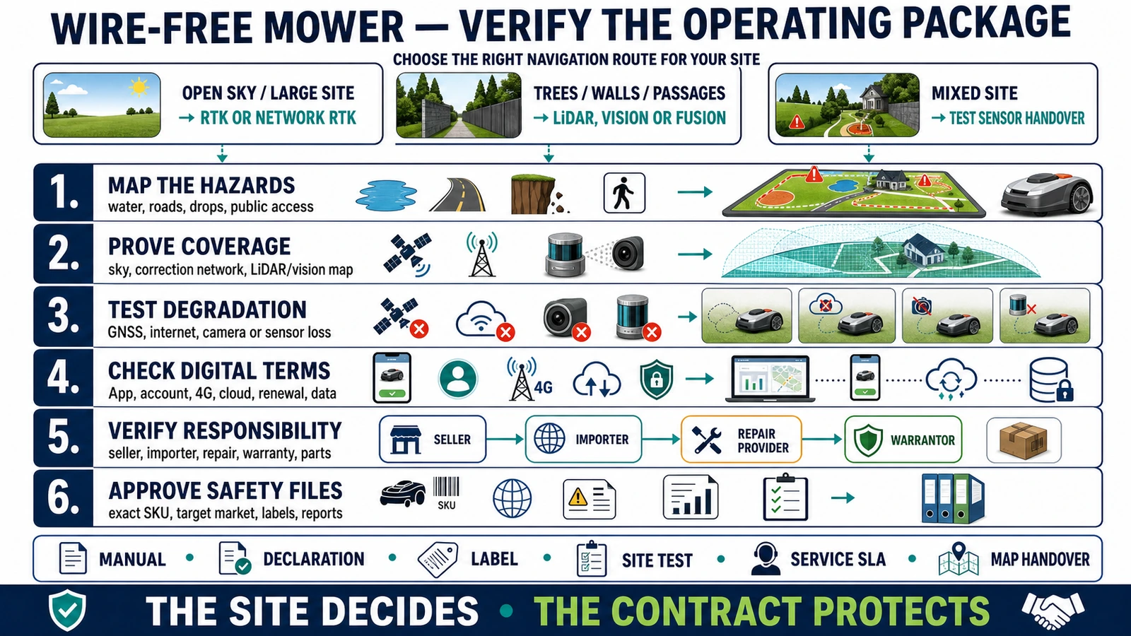 Wire-free robot mower deployment and procurement verification map