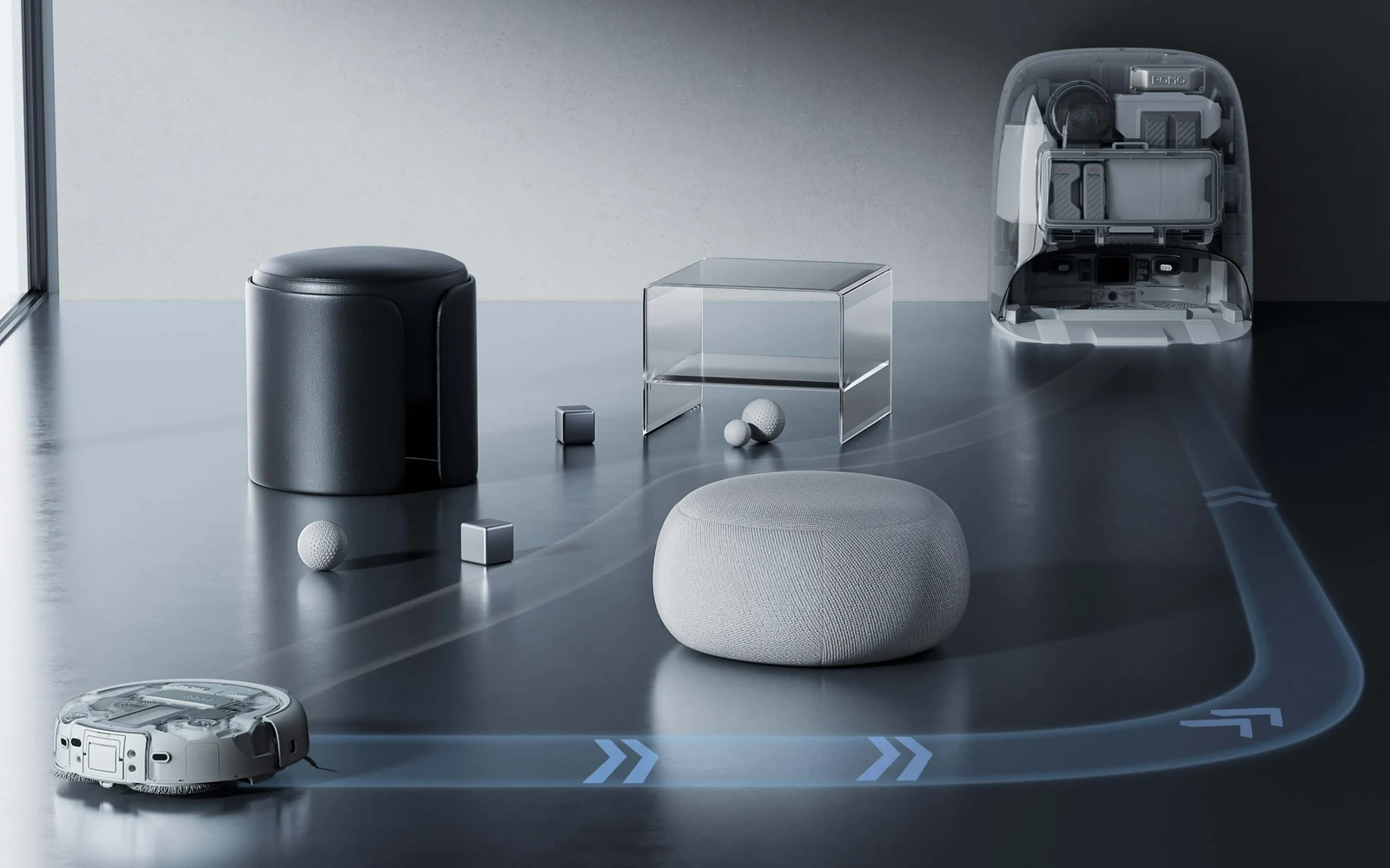 DJI ROMO P transparent robot vacuum and automated dock in a modern interior