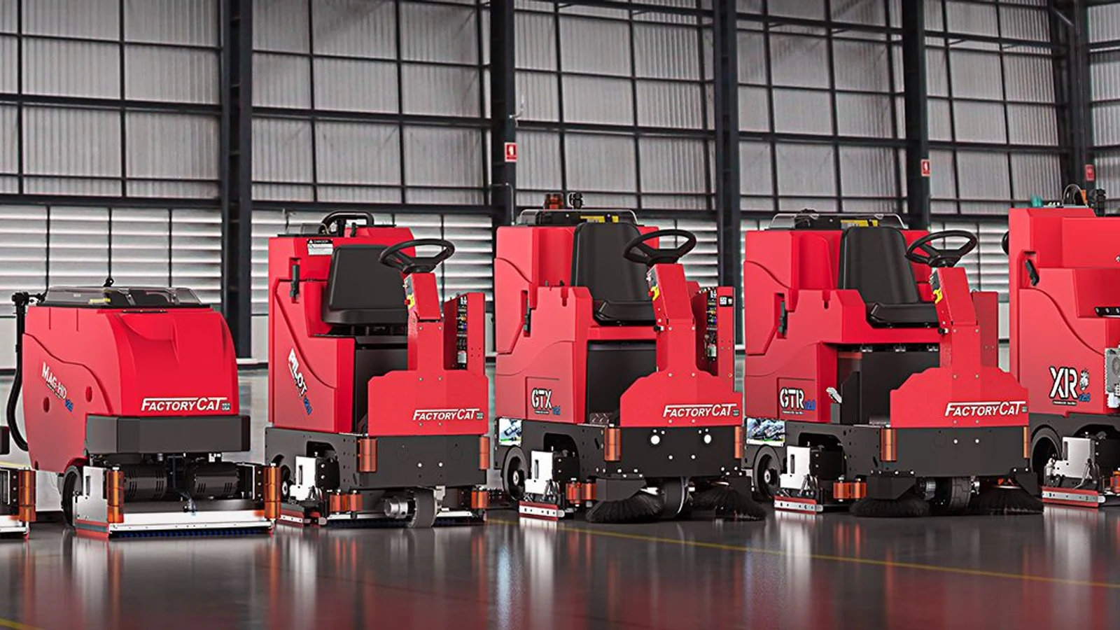 Factory Cat commercial scrubber and sweeper lineup