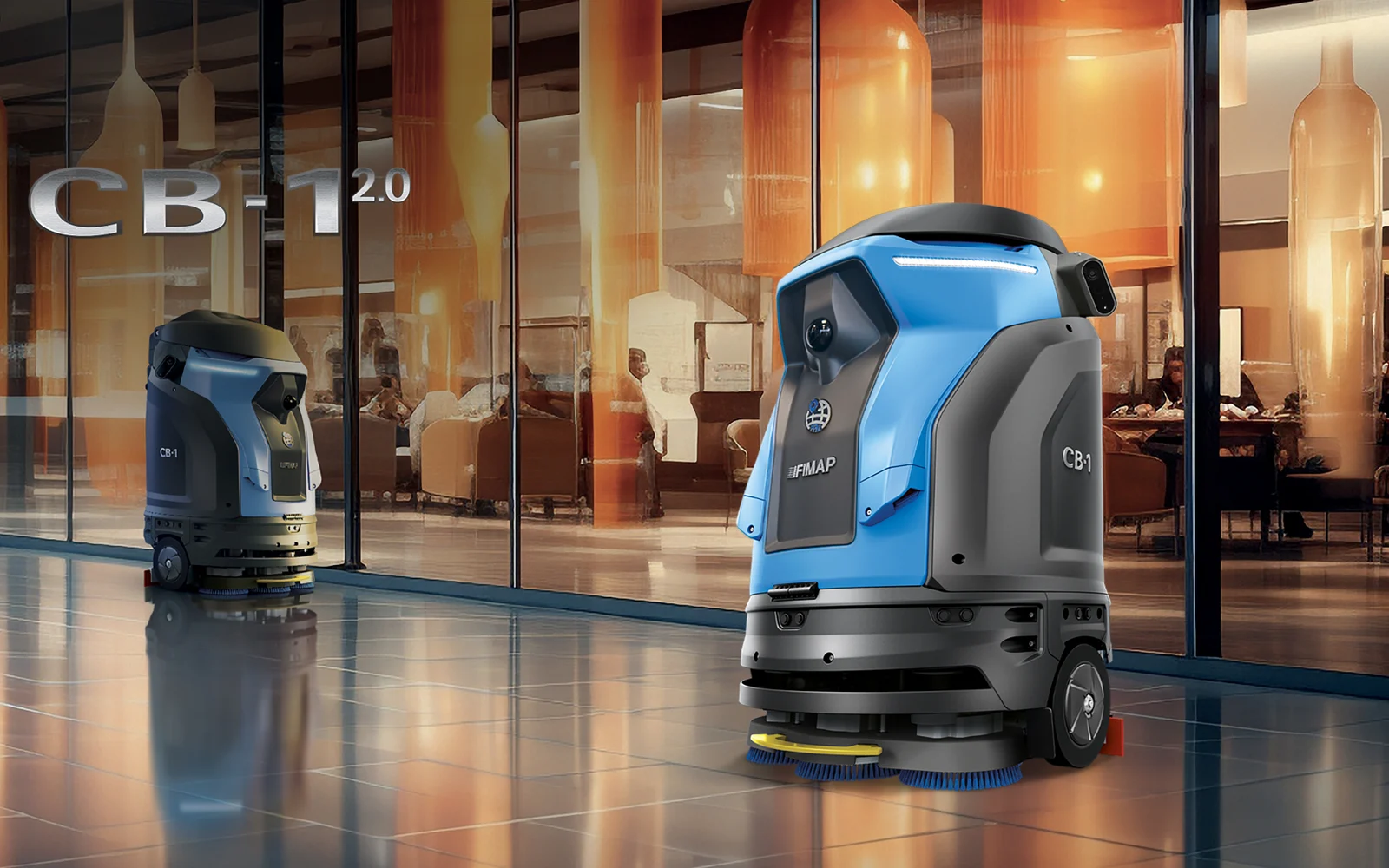 Two Fimap CB-1 autonomous scrubbers operating in a shopping-centre interior
