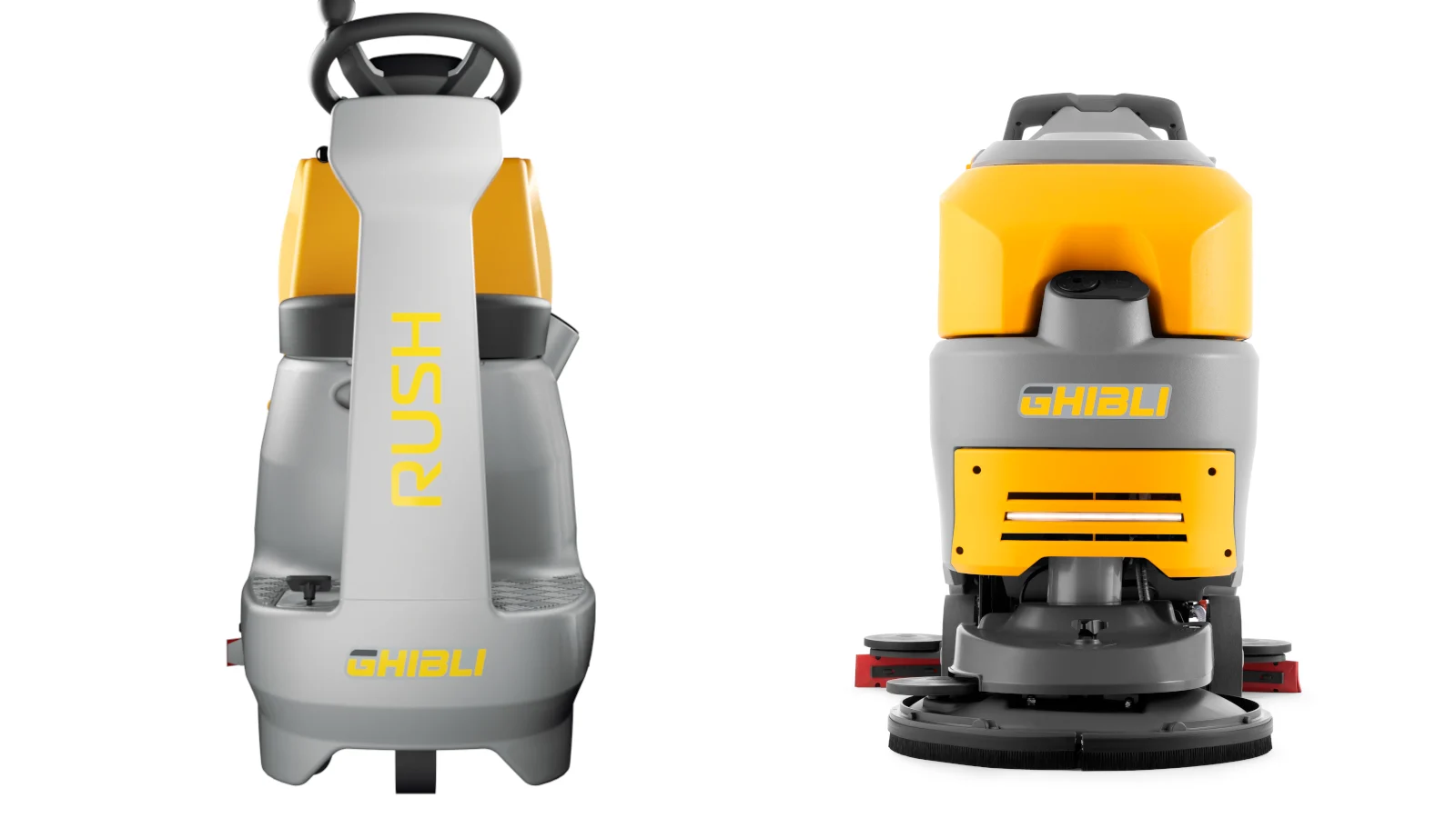 Front and rear views of a Ghibli Rush ride-on scrubber dryer