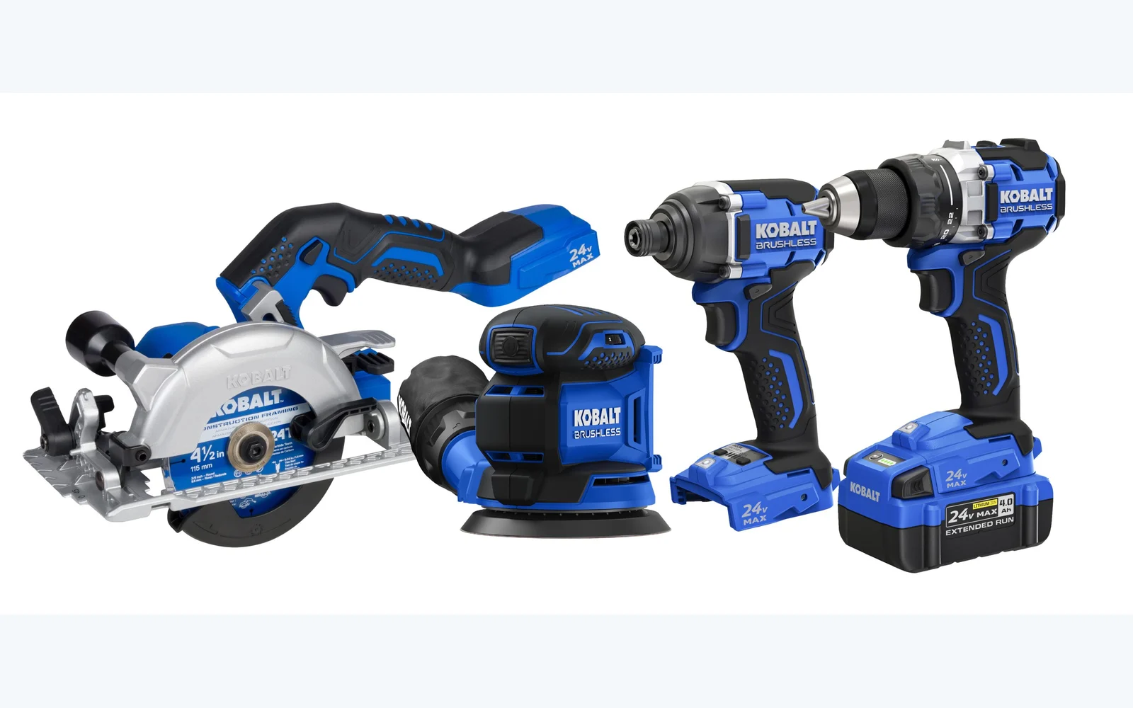 Kobalt 24V MAX brushless drill, driver, circular saw and sander kit