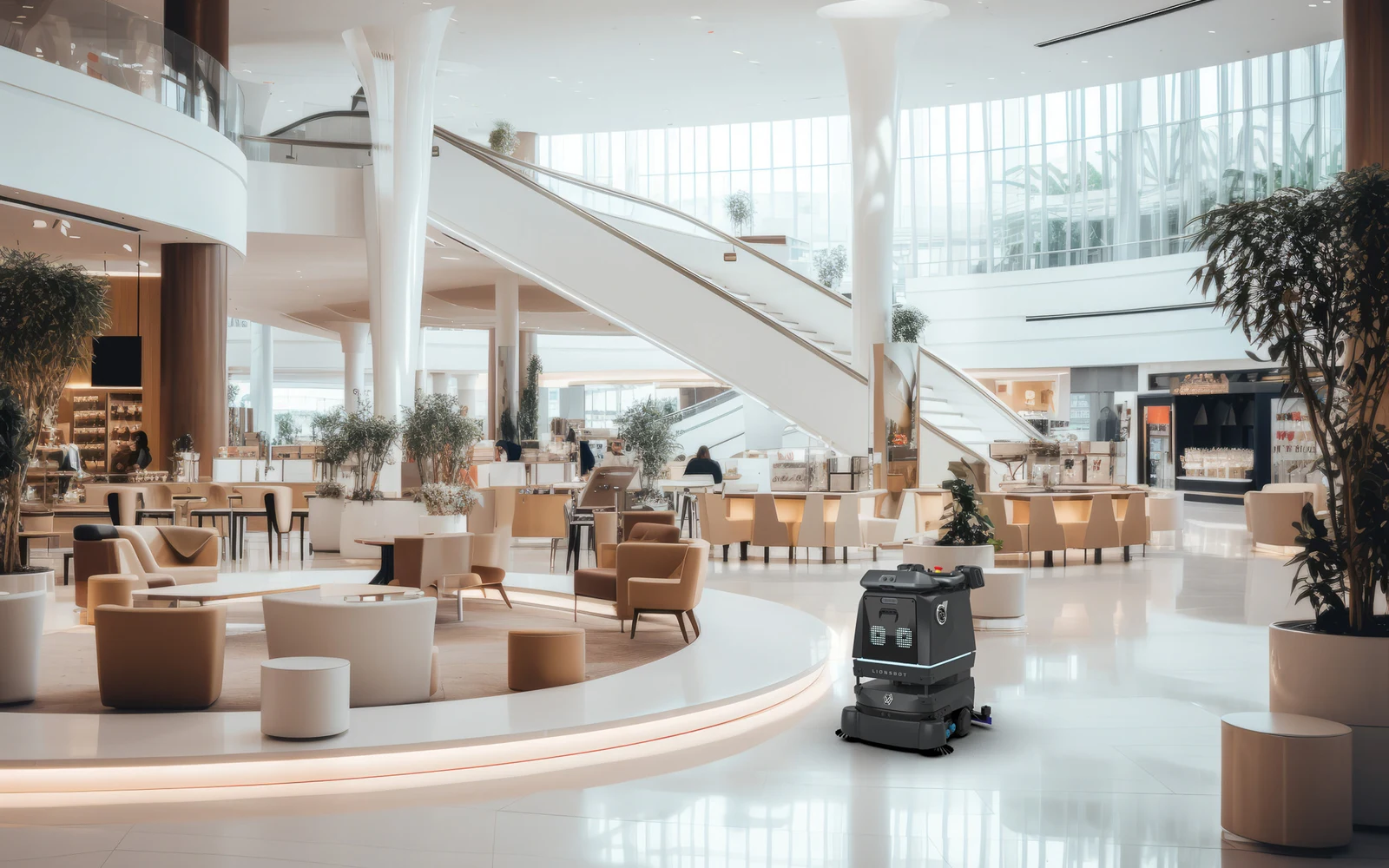 LionsBot R3 Scrub Pro autonomous floor-cleaning robot in a large public interior