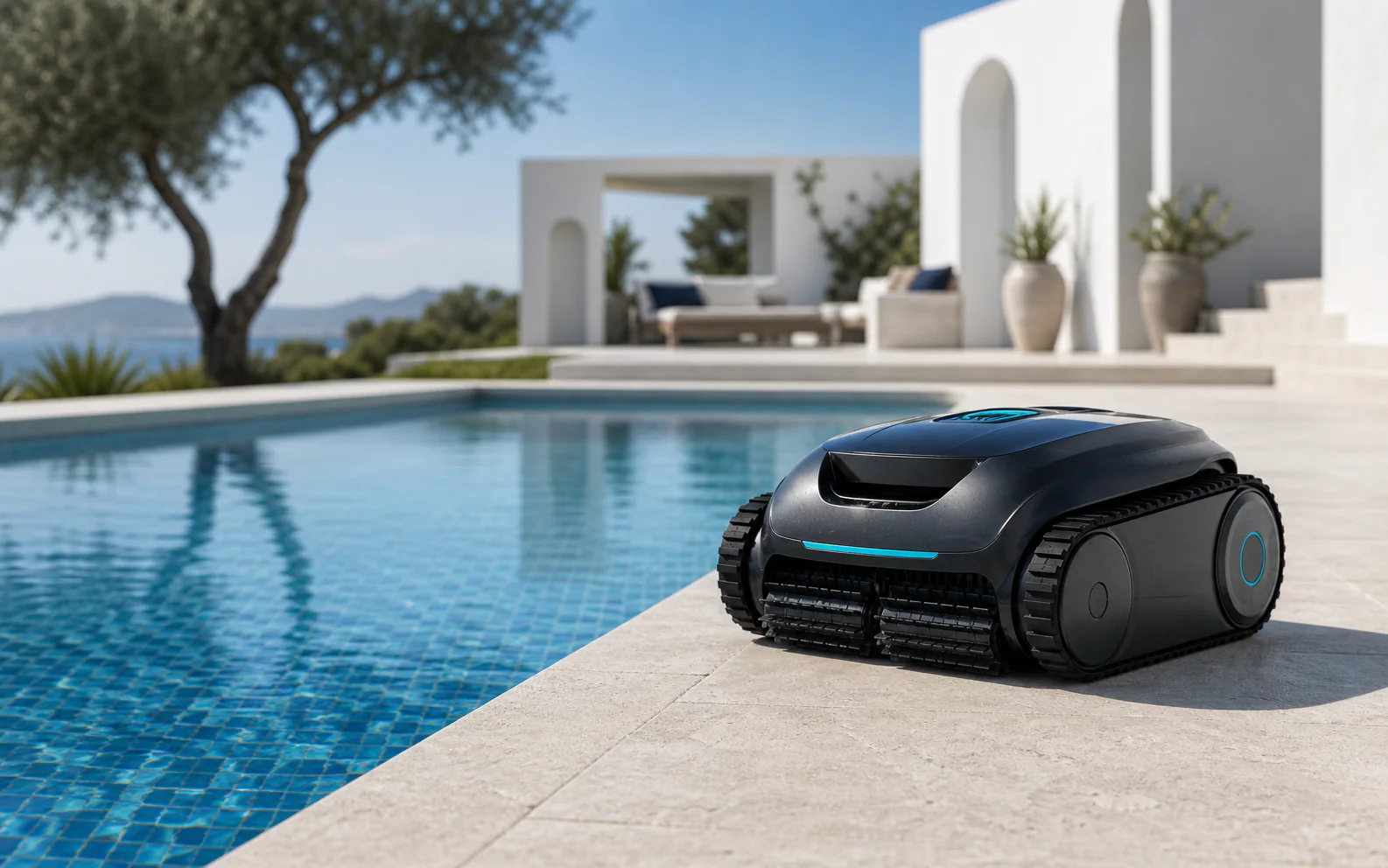 Illustrative robotic pool cleaner beside a tiled residential pool