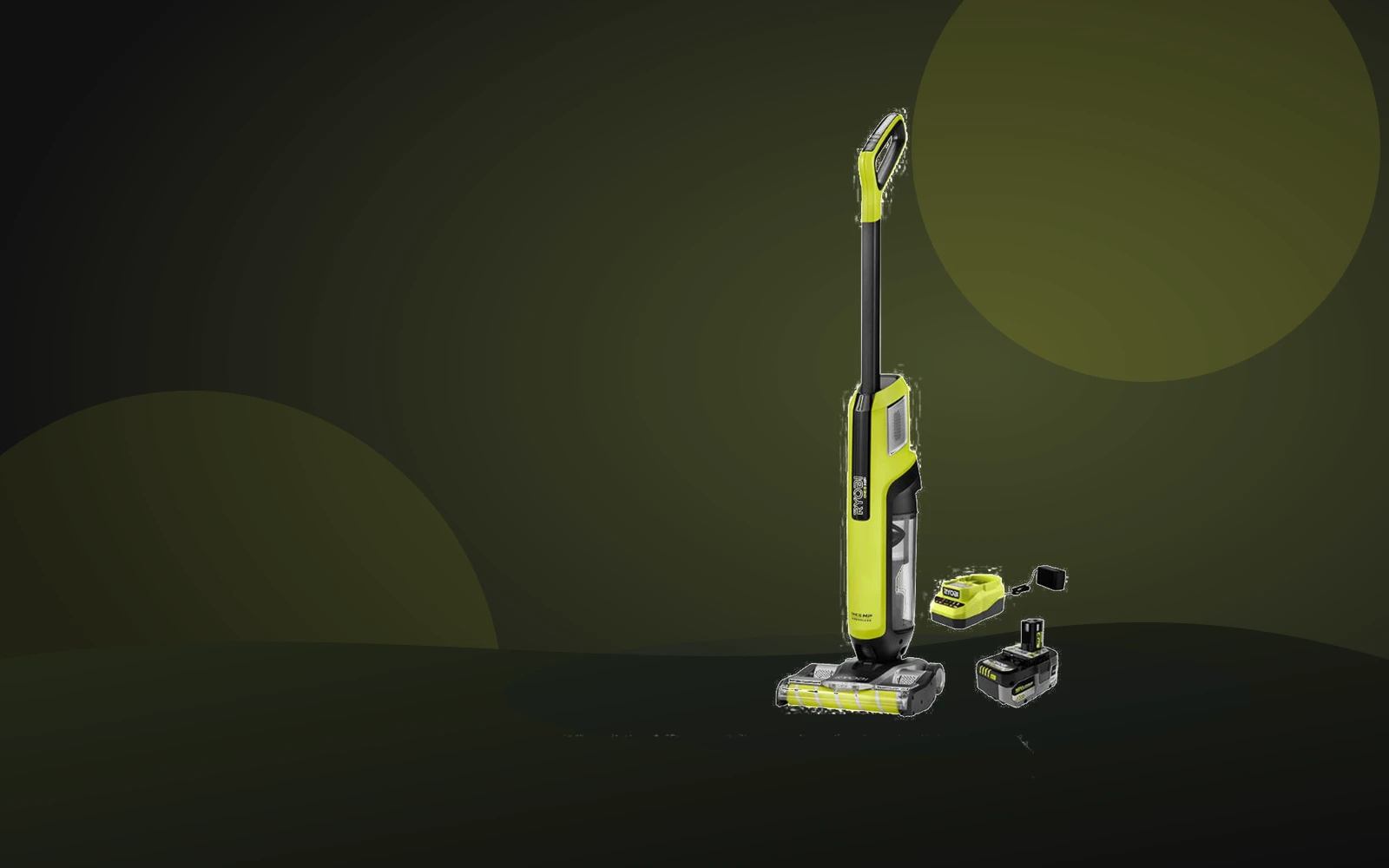 RYOBI cordless floor-cleaning products on a bright green background