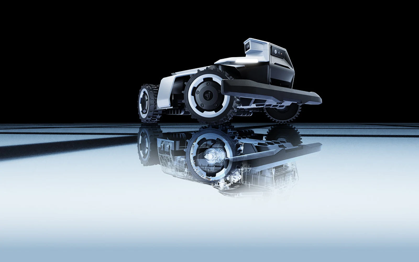 Segway Navimow X4 robotic lawn mower on a reflective black and silver background