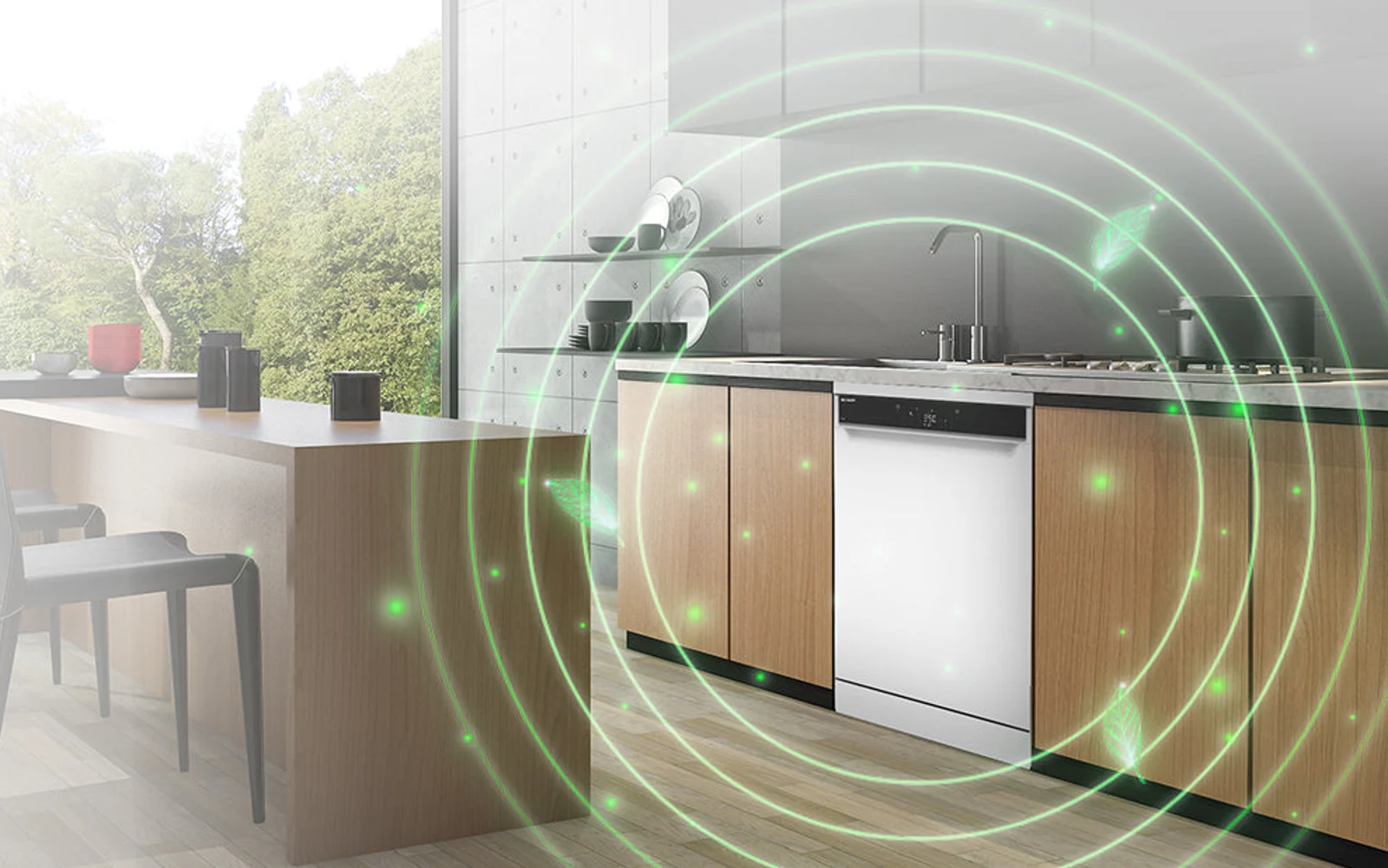 Sharp dishwasher installed in a bright modern kitchen