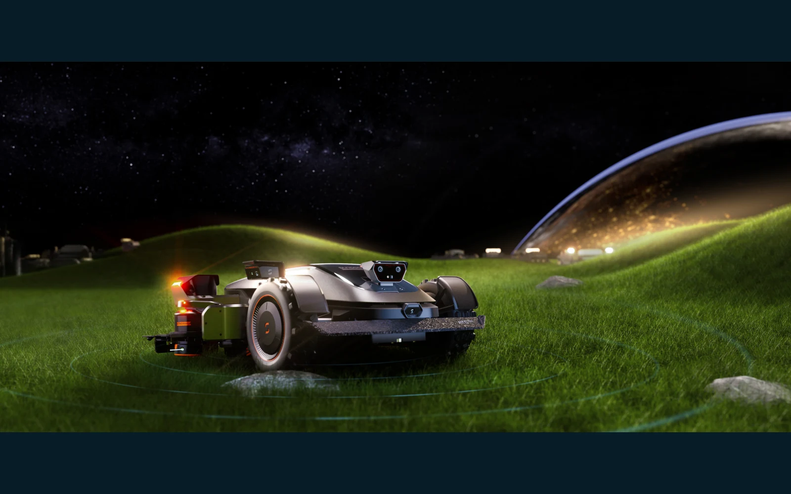Sunseeker X9 robotic mower operating on a lawn at night